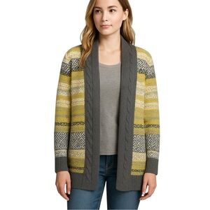 Tribal Yellow Gray Shawl Collar Open Cardigan Size Small NWOT